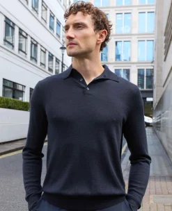 Navy Merino Wool Knitted Polo Shirt