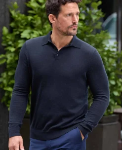Navy Merino Wool Knitted Polo Shirt