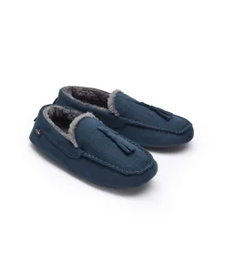 Navy Microsuede Moccasin Slippers
