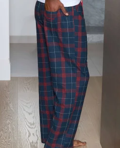Navy Red Brushed Cotton Twill Window Check Lounge Pants
