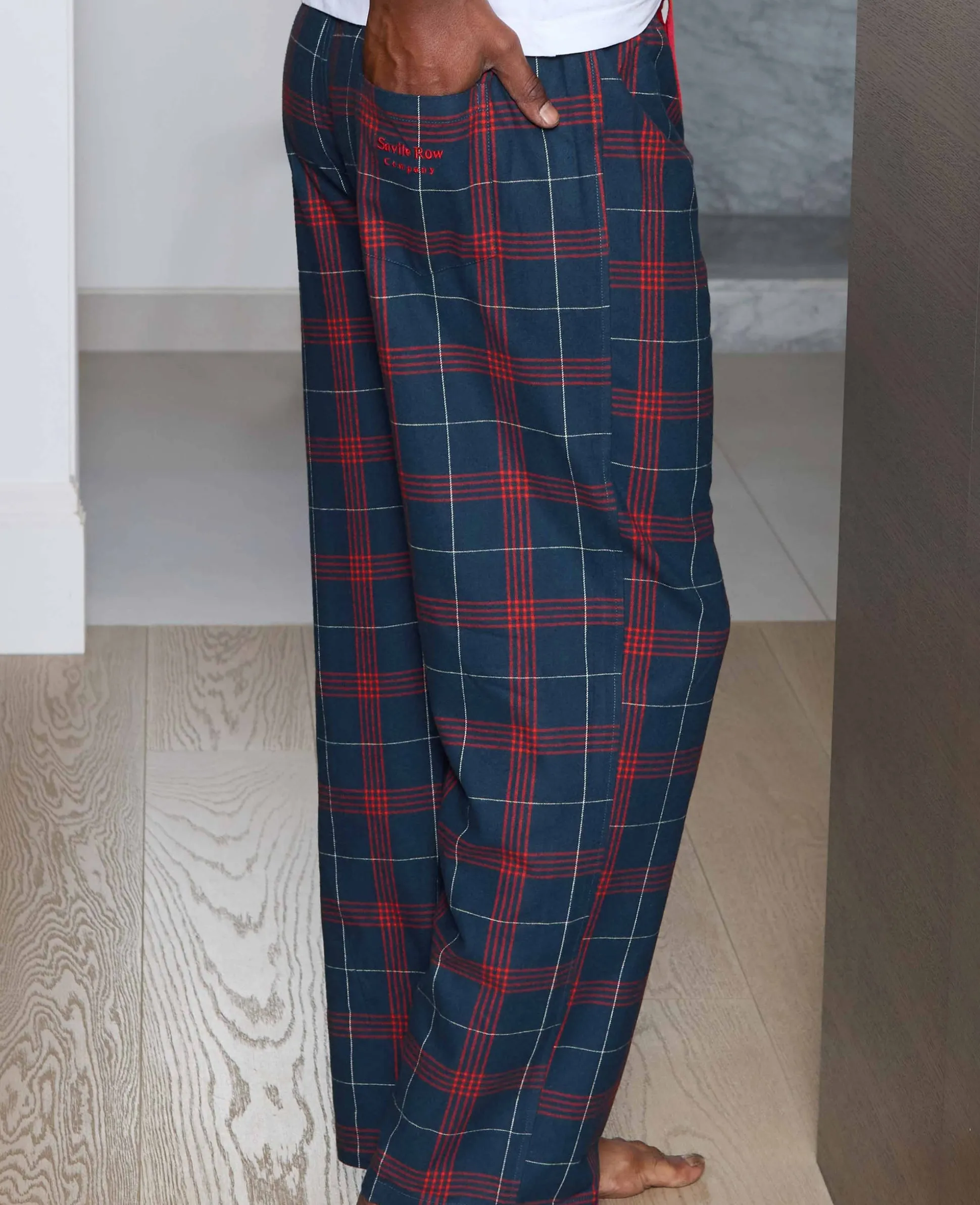 Navy Red Brushed Cotton Twill Window Check Lounge Pants