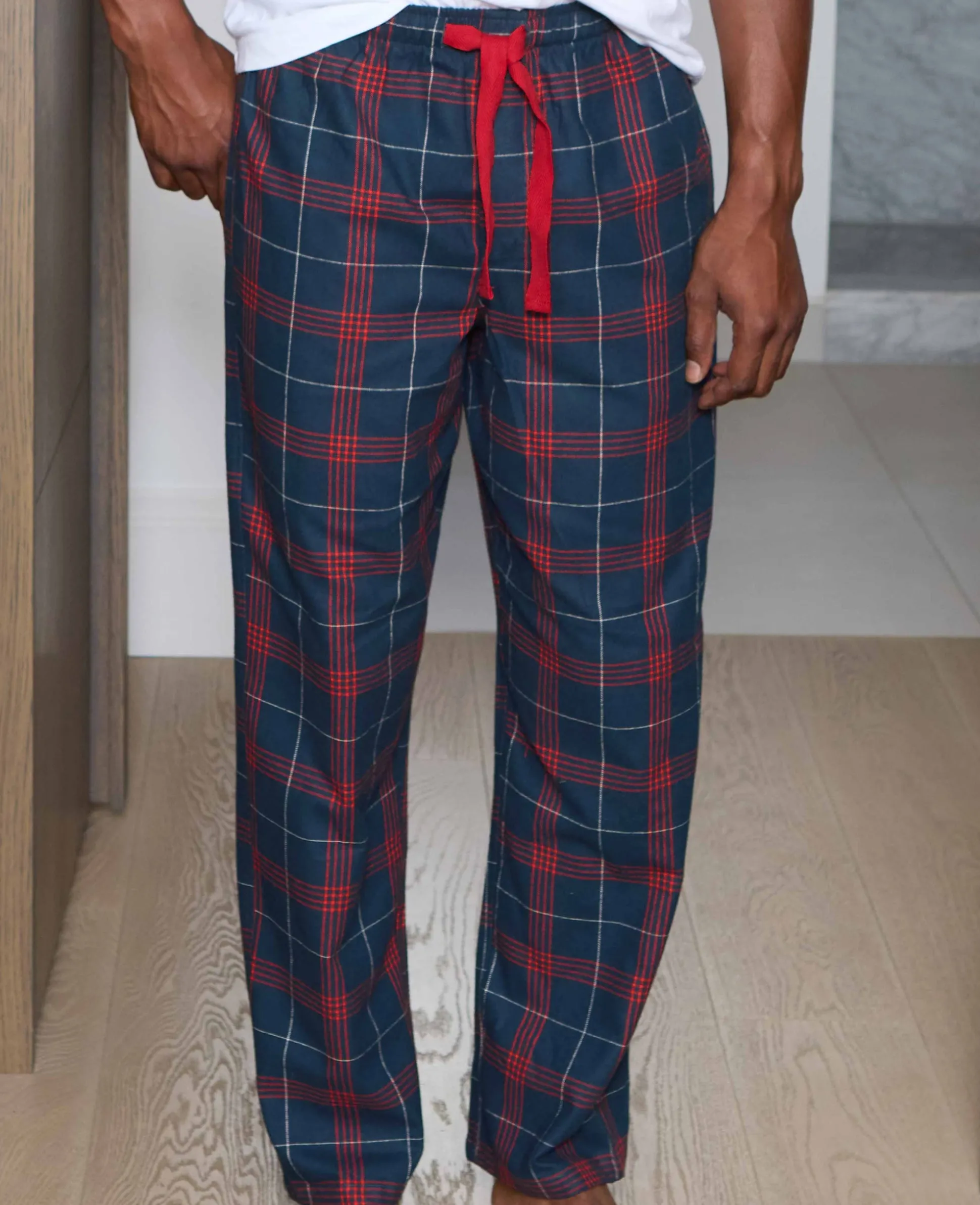 Navy Red Brushed Cotton Twill Window Check Lounge Pants