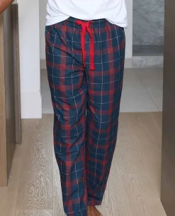 Navy Red Brushed Cotton Twill Window Check Lounge Pants