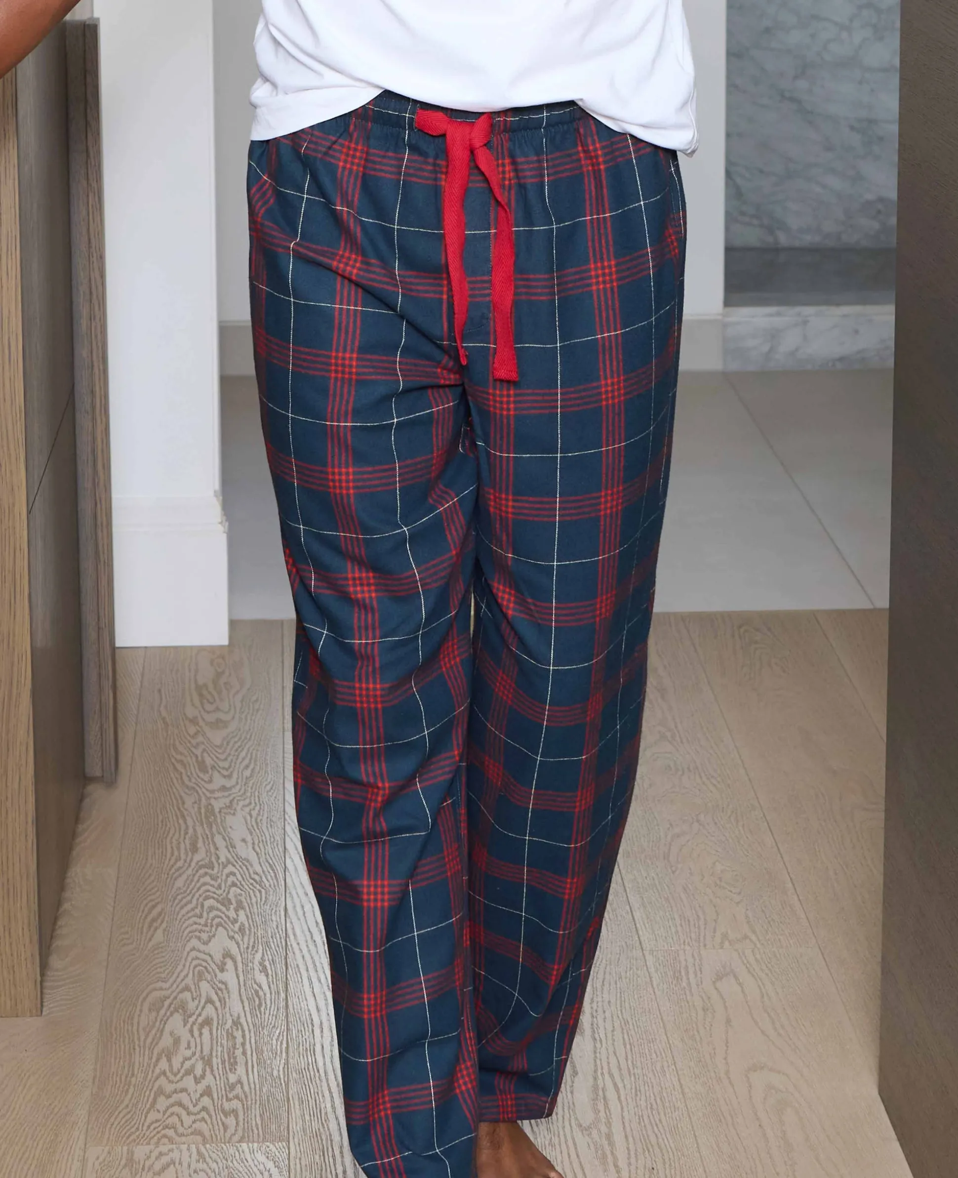 Navy Red Brushed Cotton Twill Window Check Lounge Pants