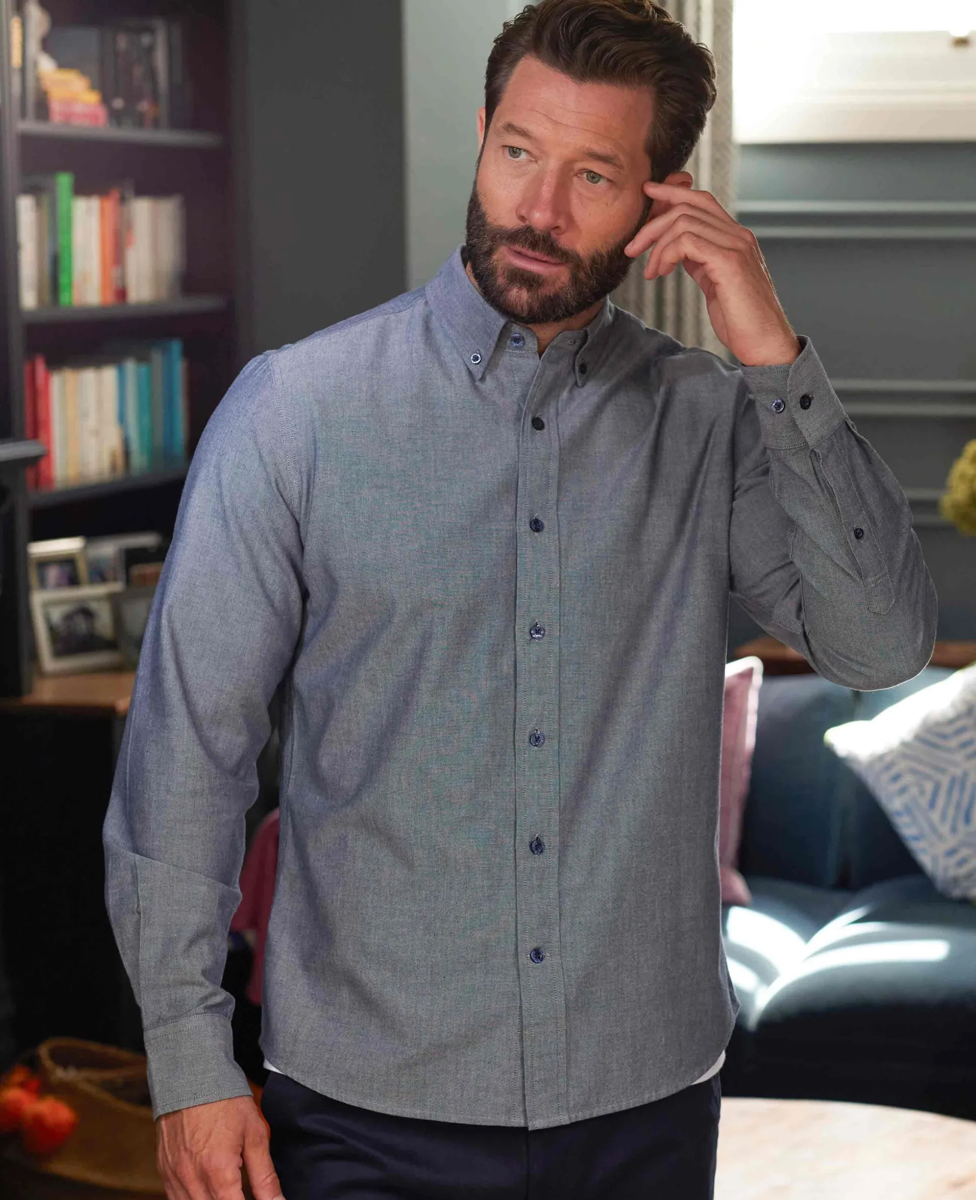 Navy Slim Fit Chambray Oxford Shirt