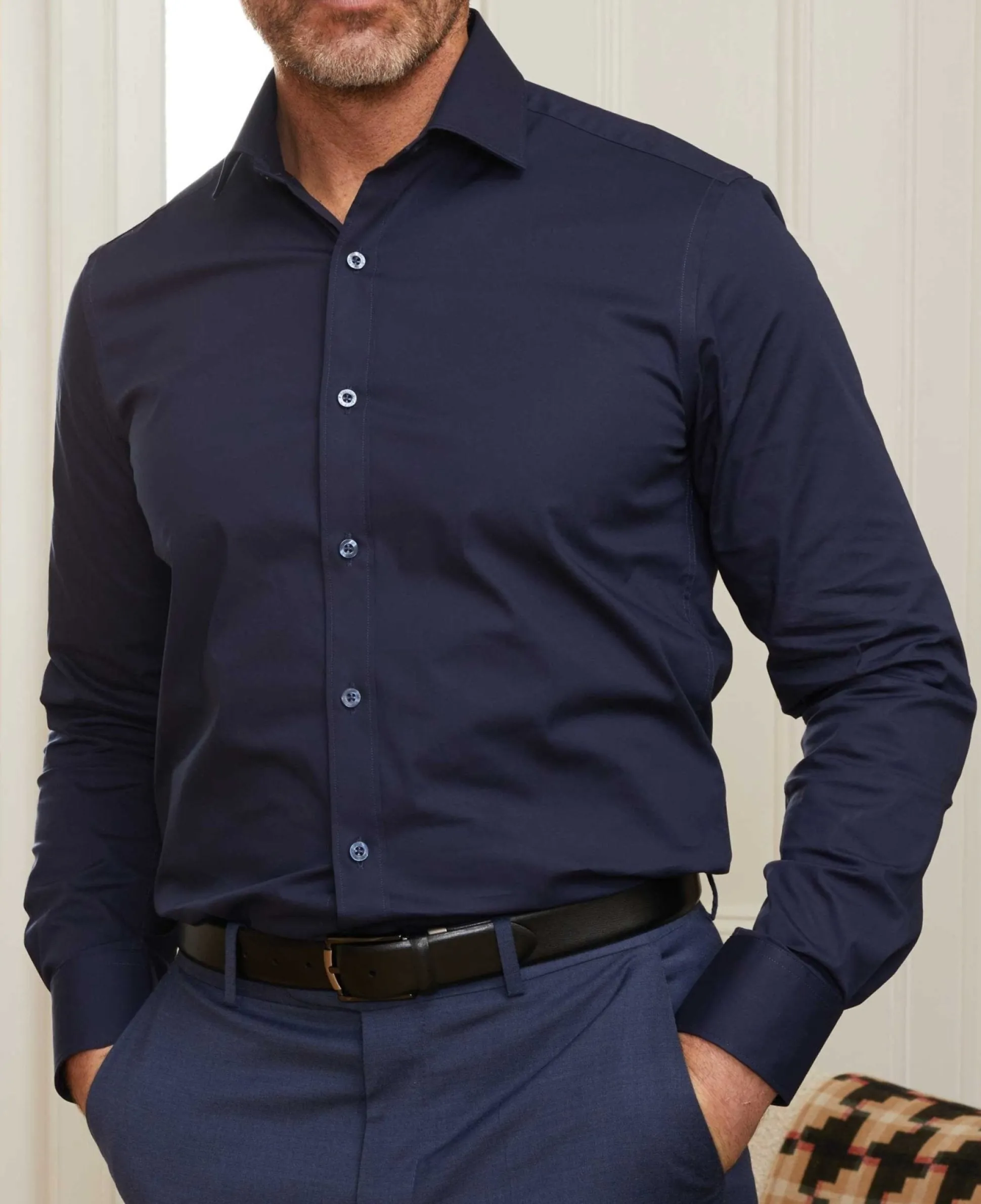 Navy Slim Fit Stretch Formal Shirt - Single Cuff
