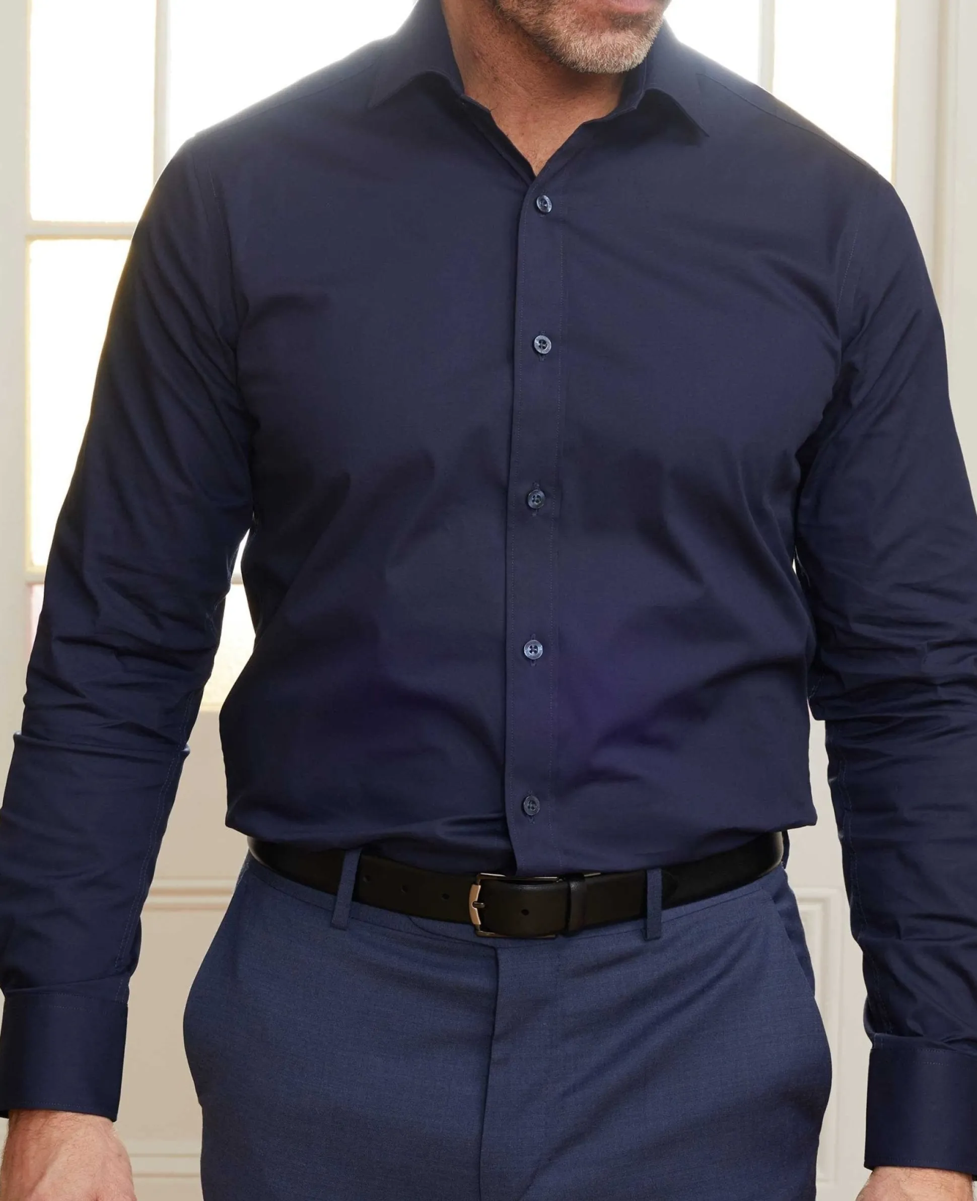 Navy Slim Fit Stretch Formal Shirt - Single Cuff