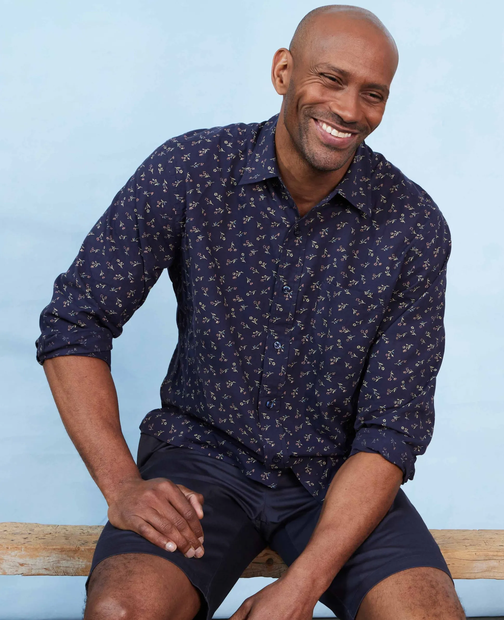 Navy Stretch Cotton Classic Fit Floral Casual Shirt
