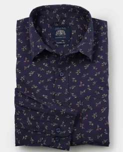 Navy Stretch Cotton Classic Fit Floral Casual Shirt
