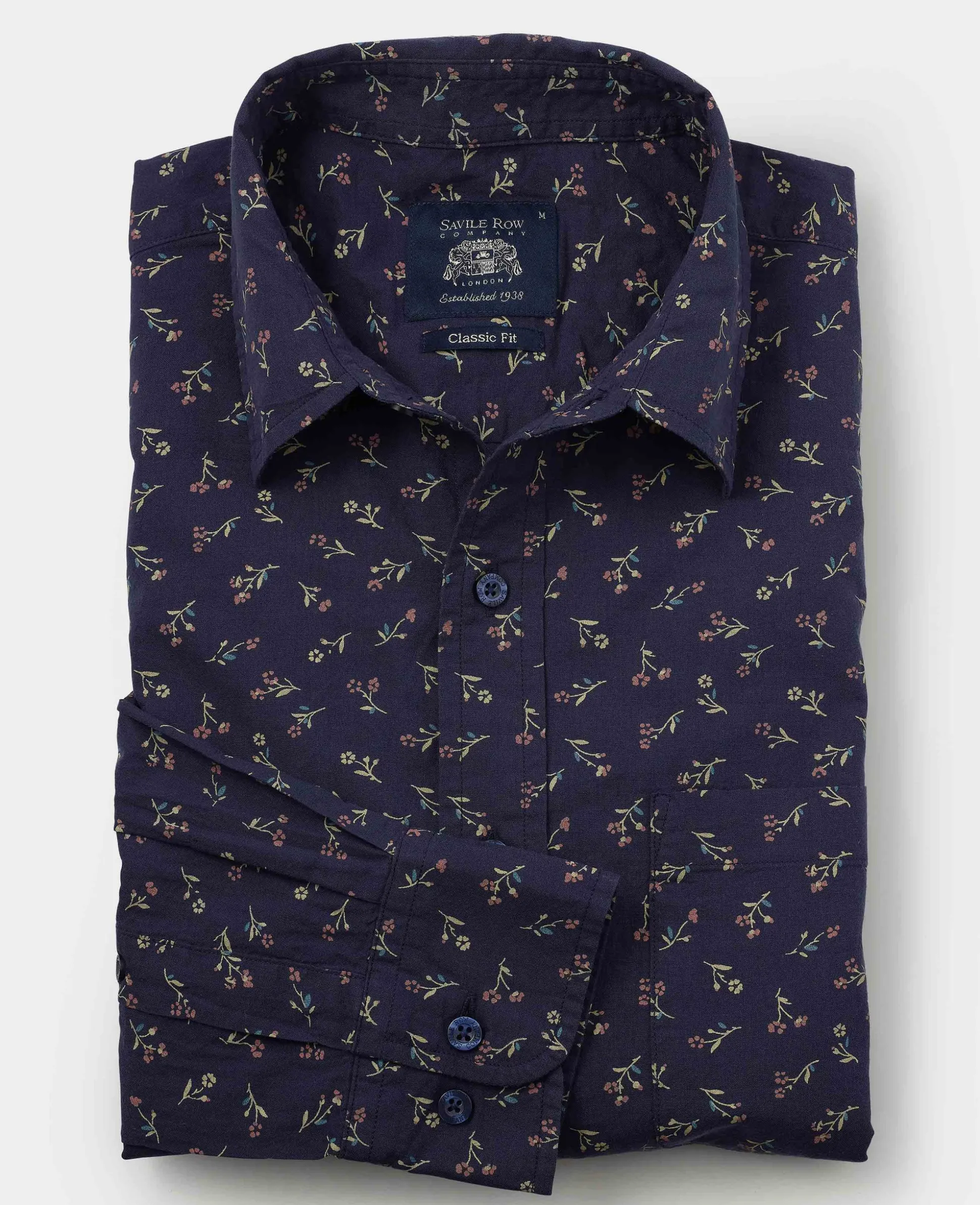 Navy Stretch Cotton Classic Fit Floral Casual Shirt