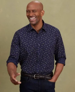 Navy Stretch Cotton Classic Fit Floral Casual Shirt