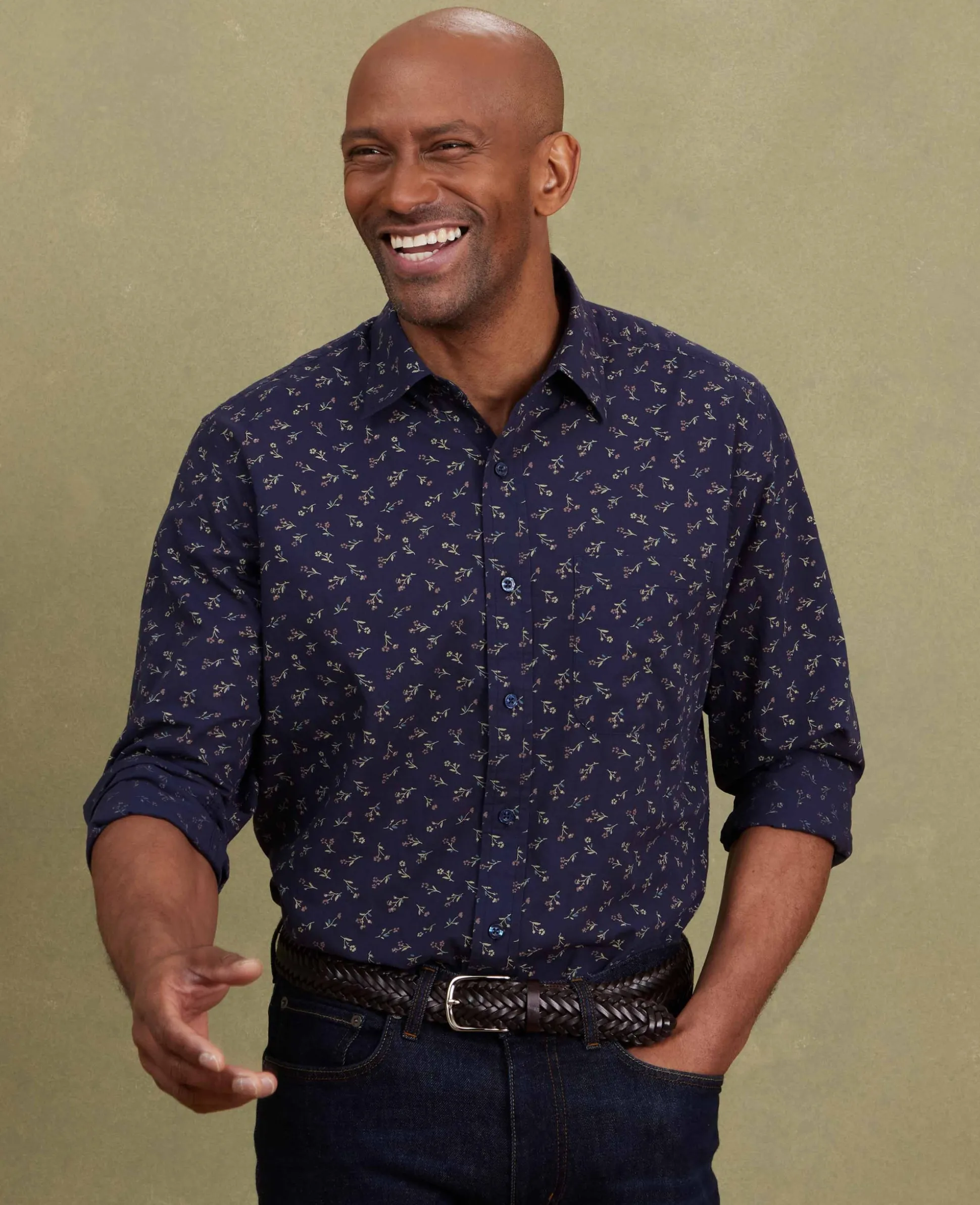 Navy Stretch Cotton Classic Fit Floral Casual Shirt
