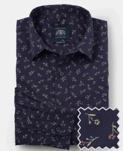 Navy Stretch Cotton Classic Fit Floral Casual Shirt