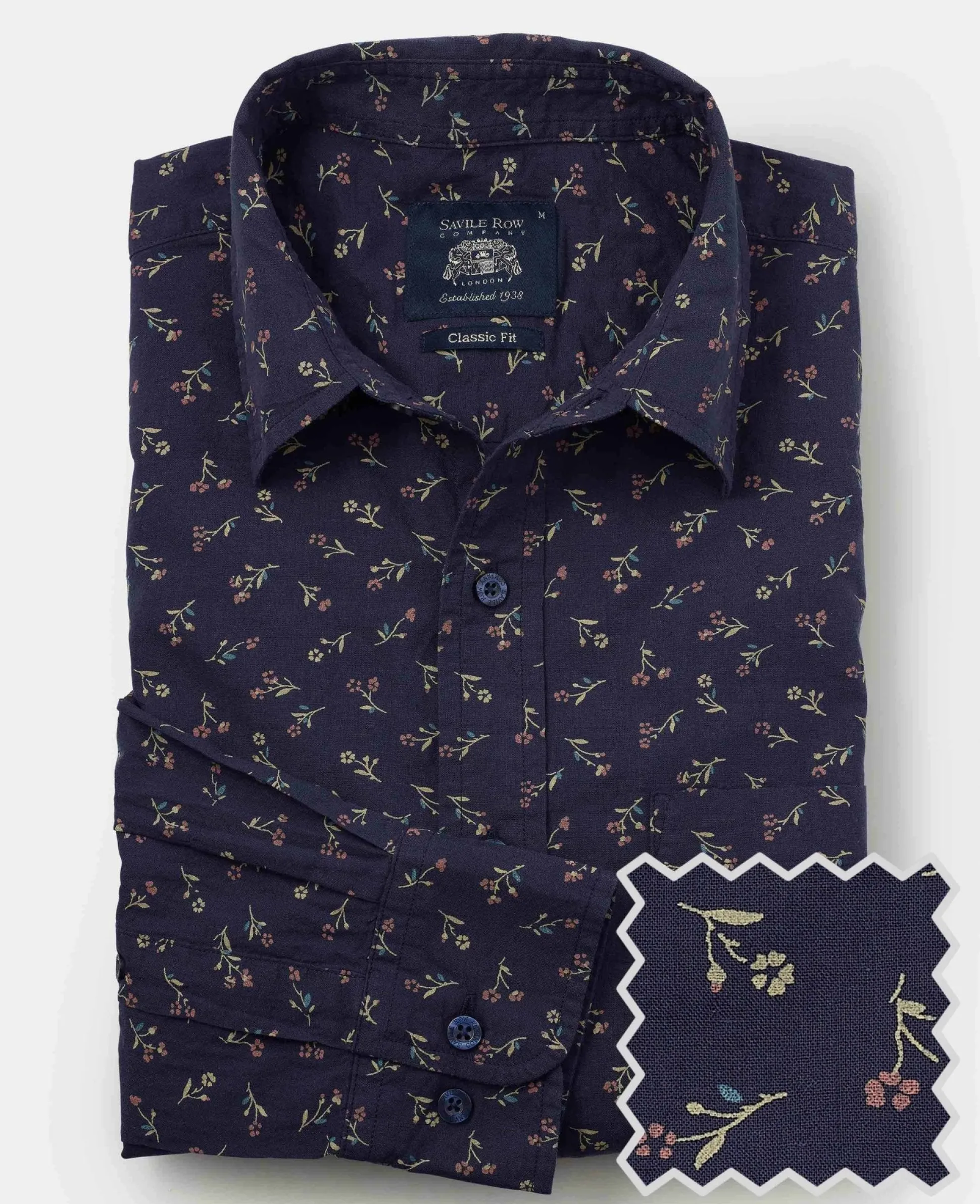 Navy Stretch Cotton Classic Fit Floral Casual Shirt
