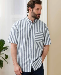 Navy White Bold Stripe Linen Cotton Classic Fit Short Sleeve Shirt