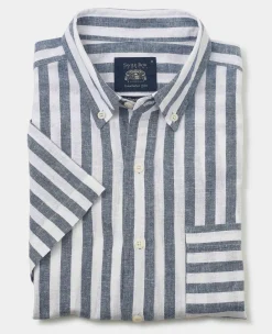 Navy White Bold Stripe Linen Cotton Classic Fit Short Sleeve Shirt
