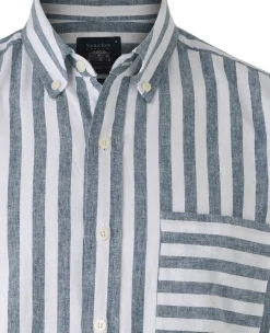 Navy White Bold Stripe Linen Cotton Classic Fit Short Sleeve Shirt