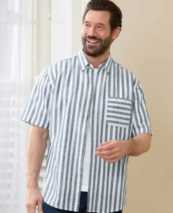 Navy White Bold Stripe Linen Cotton Classic Fit Short Sleeve Shirt