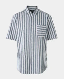 Navy White Bold Stripe Linen Cotton Classic Fit Short Sleeve Shirt