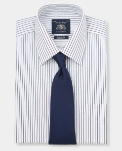 Navy White Stripe Cotton Classic Fit Formal Shirt - Double Cuff