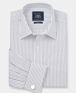 Navy White Stripe Cotton Classic Fit Formal Shirt - Double Cuff