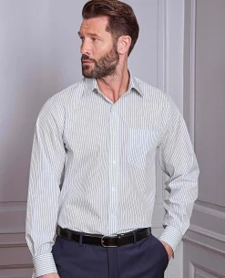 Navy White Stripe Cotton Classic Fit Formal Shirt - Double Cuff
