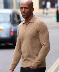 Oatmeal Merino Wool Cashmere Zip Neck Long Sleeve Polo Shirt
