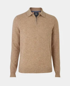 Oatmeal Merino Wool Cashmere Zip Neck Long Sleeve Polo Shirt