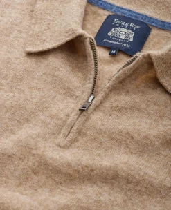 Oatmeal Merino Wool Cashmere Zip Neck Long Sleeve Polo Shirt