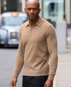 Oatmeal Merino Wool Cashmere Zip Neck Long Sleeve Polo Shirt