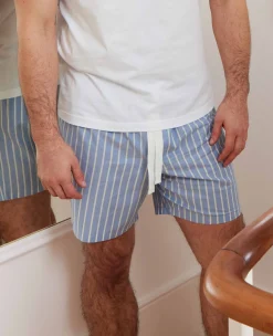 Pale Blue Cotton Twill Wide Stripe Lounge Shorts