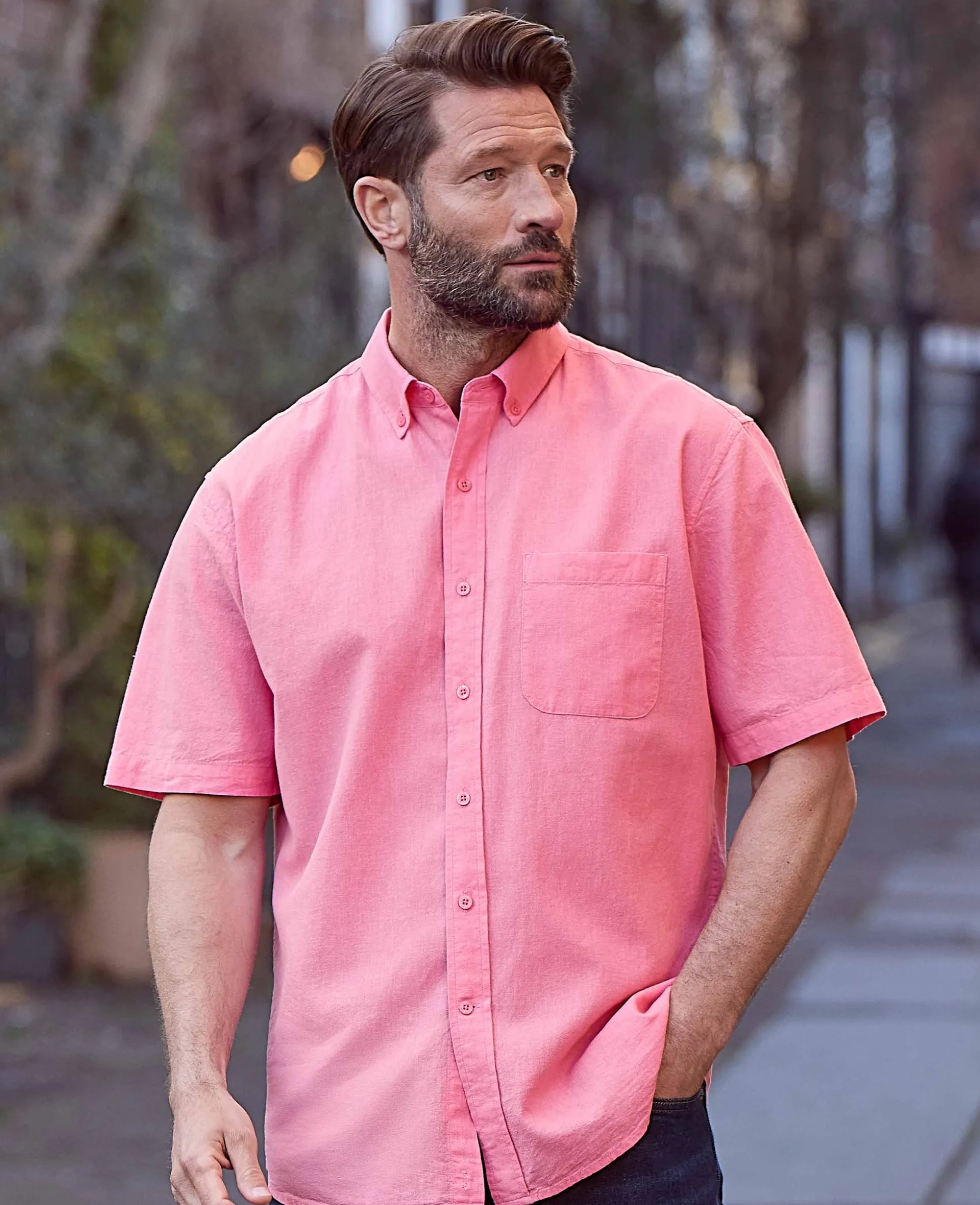 Pink Linen Cotton Classic Fit Short Sleeve Button-Down Casual Shirt