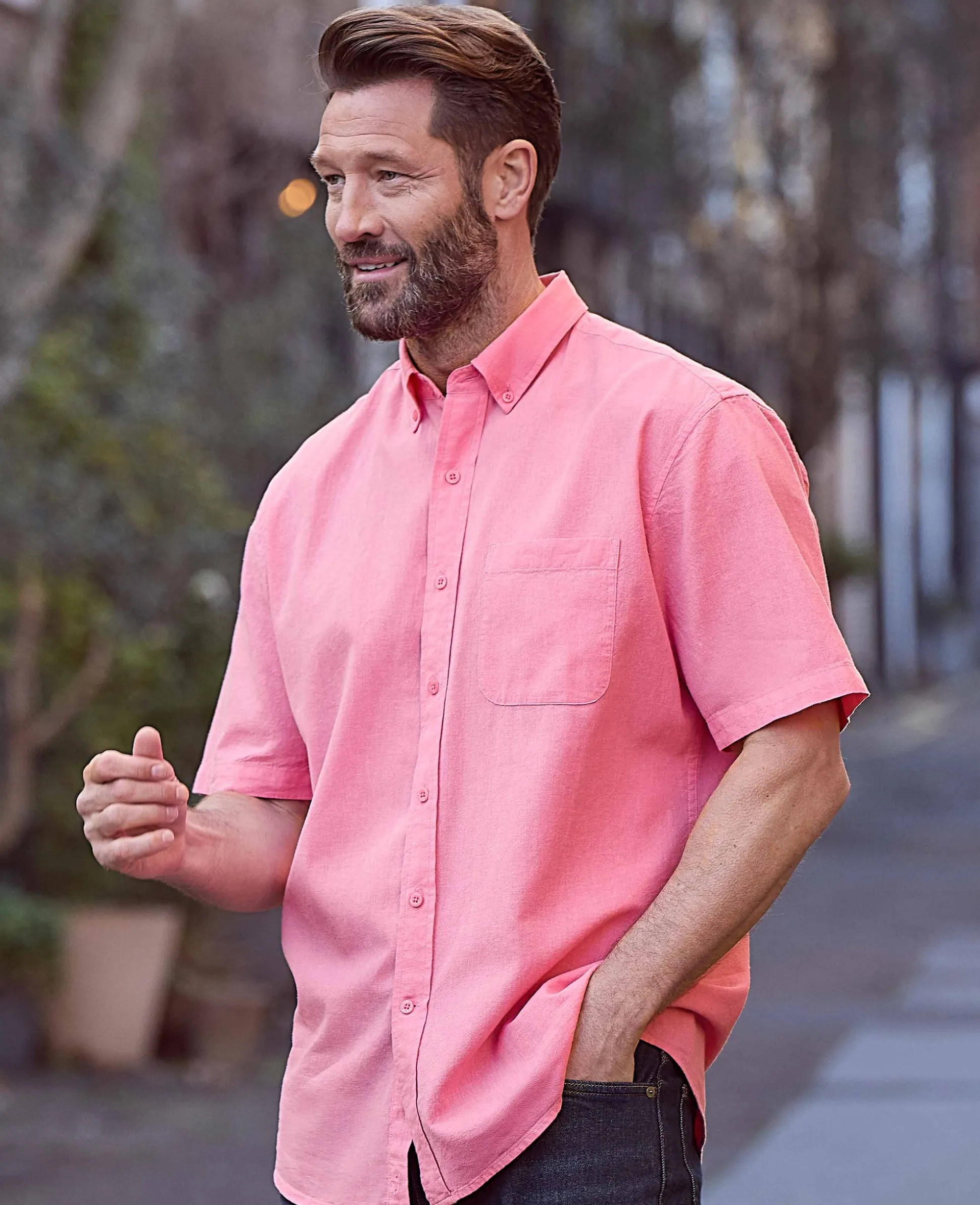 Pink Linen Cotton Classic Fit Short Sleeve Button-Down Casual Shirt