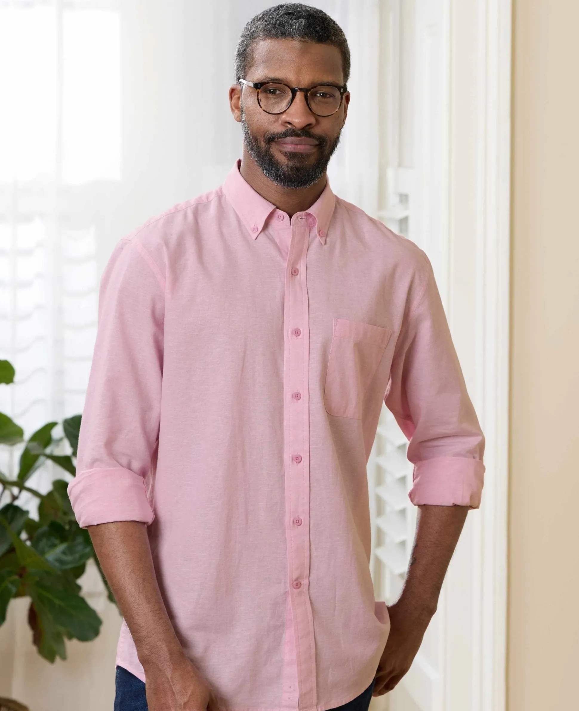 Pink Linen Cotton Classic Fit Button-Down Casual Shirt
