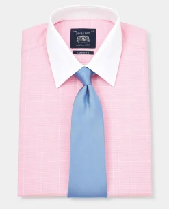 Pink Prince of Wales Check Classic Fit Contrast Collar Formal Shirt With White Collar & Cuffs