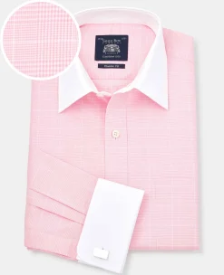 Pink Prince of Wales Check Classic Fit Contrast Collar Formal Shirt With White Collar & Cuffs