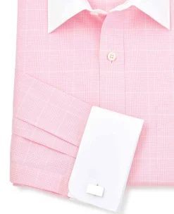 Pink Prince of Wales Check Classic Fit Contrast Collar Formal Shirt With White Collar & Cuffs