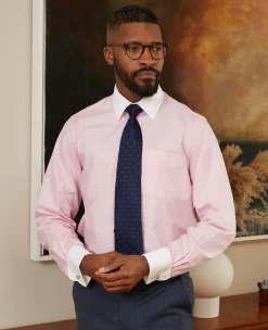 Pink Prince of Wales Check Classic Fit Contrast Collar Formal Shirt With White Collar & Cuffs