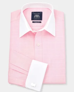 Pink Prince of Wales Check Classic Fit Contrast Collar Formal Shirt With White Collar & Cuffs
