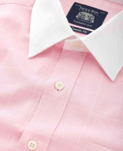 Pink Prince of Wales Check Classic Fit Contrast Collar Formal Shirt With White Collar & Cuffs