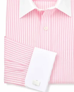 Pink Stripe Classic Fit Contrast Collar Formal Shirt With White Collar & Double Cuffs