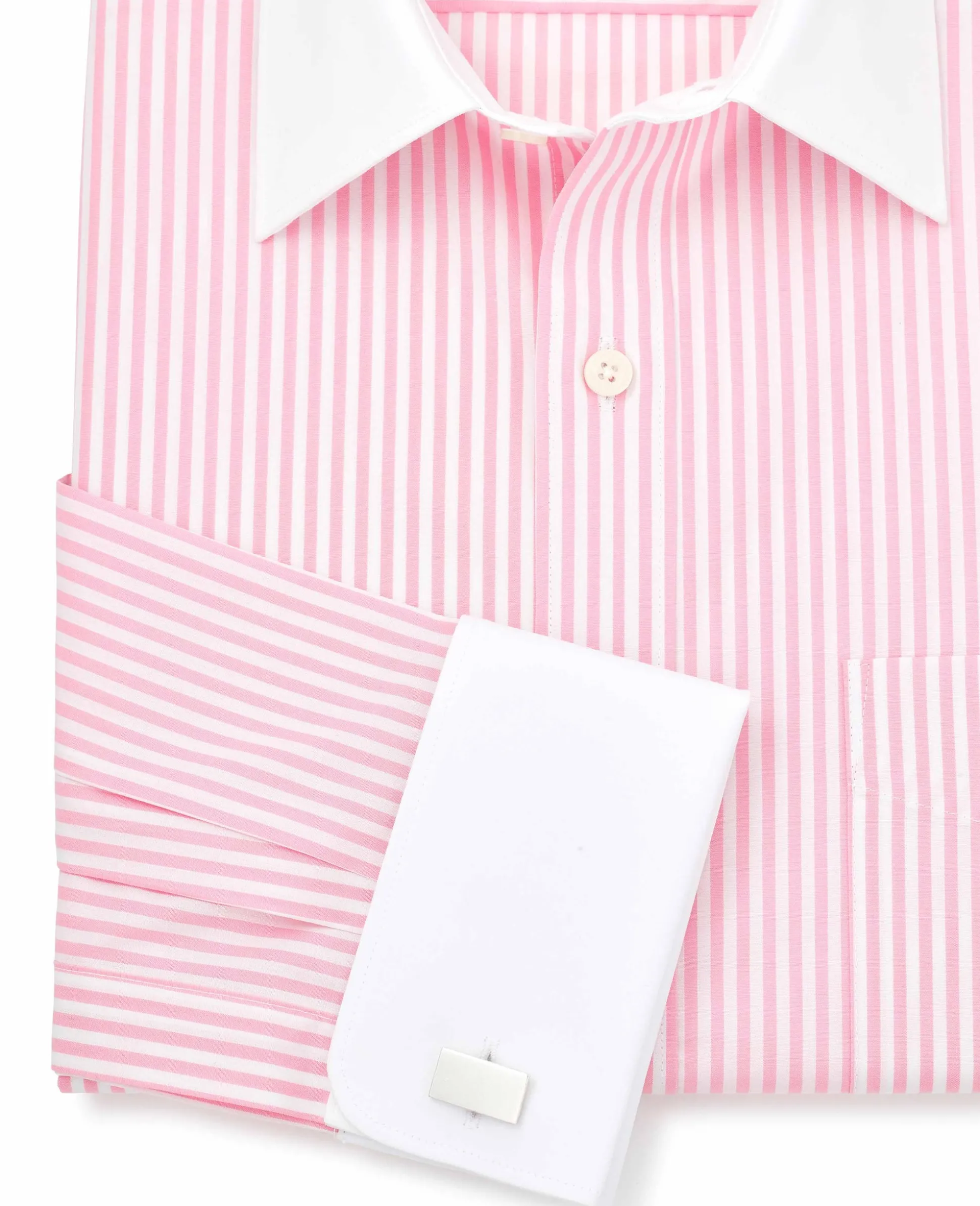 Pink Stripe Classic Fit Contrast Collar Formal Shirt With White Collar & Double Cuffs