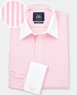 Pink Stripe Classic Fit Contrast Collar Formal Shirt With White Collar & Double Cuffs