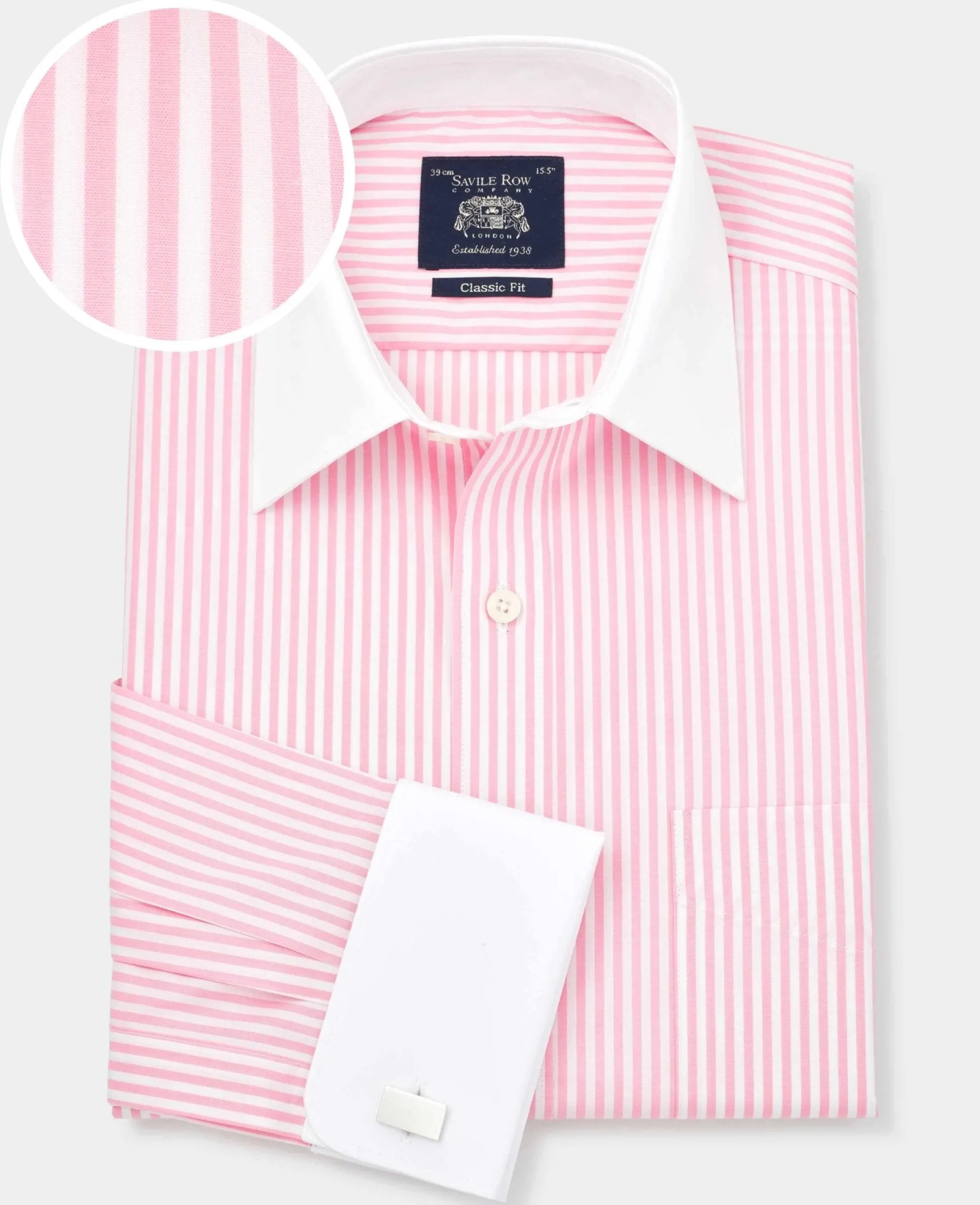 Pink Stripe Classic Fit Contrast Collar Formal Shirt With White Collar & Double Cuffs