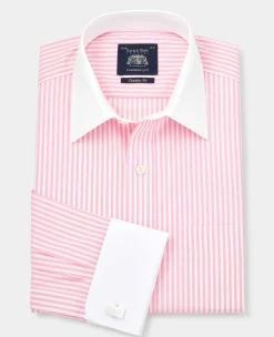 Pink Stripe Classic Fit Contrast Collar Formal Shirt With White Collar & Double Cuffs