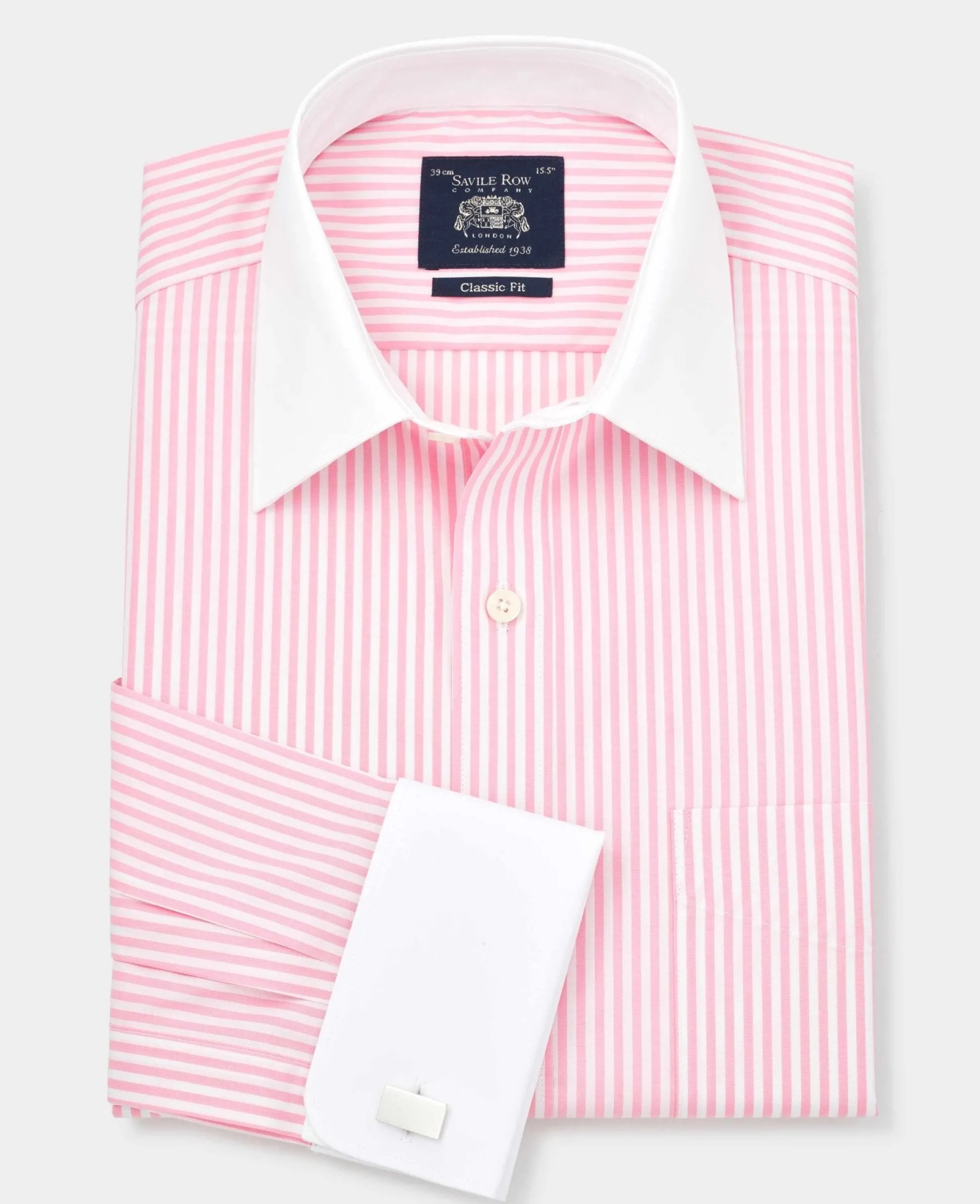 Pink Stripe Classic Fit Contrast Collar Formal Shirt With White Collar & Double Cuffs