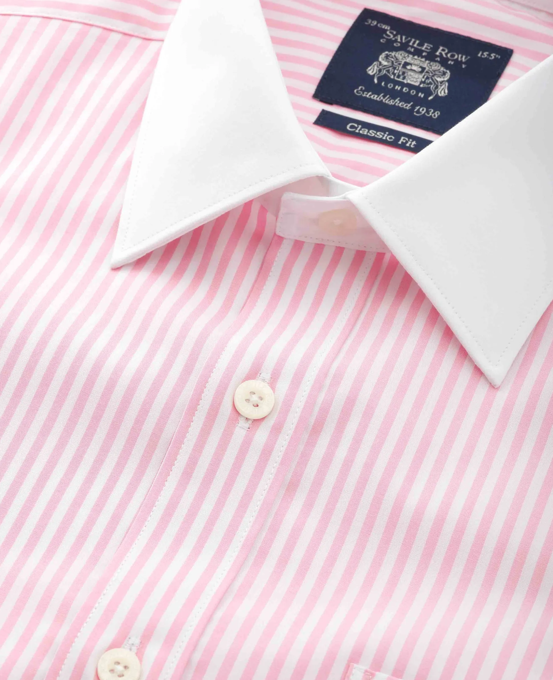 Pink Stripe Classic Fit Contrast Collar Formal Shirt With White Collar & Double Cuffs