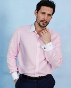 Pink Textured Cotton Puppytooth Classic Fit Winchester Formal Shirt - Double Cuff