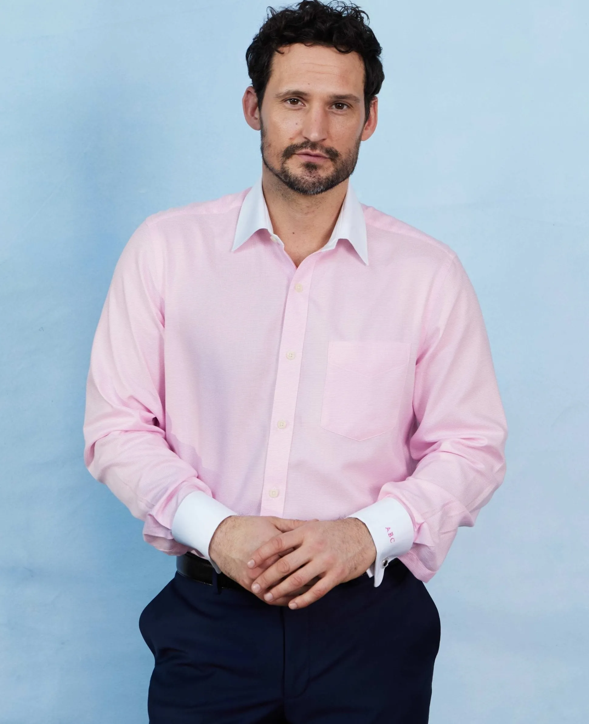 Pink Textured Cotton Puppytooth Classic Fit Winchester Formal Shirt - Double Cuff