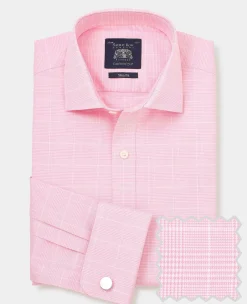 Pink White Cotton Prince of Wales Check Slim Fit Formal Shirt - Double Cuff